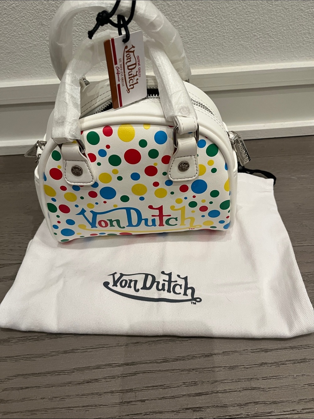 Von Dutch White Mini Bag with Multicolor Polka Dots